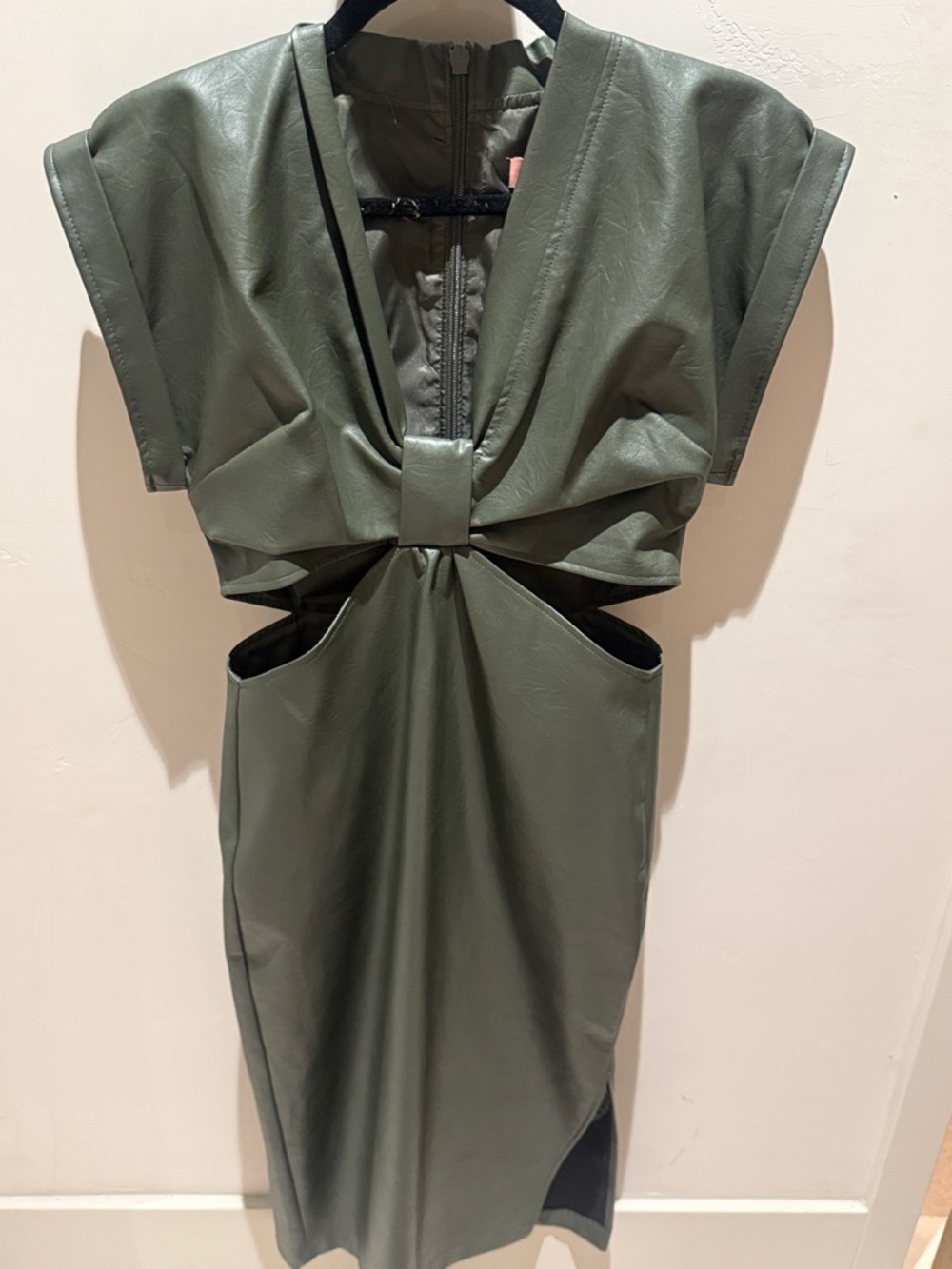 Eva Franco Olive Green Faux-Leather Midi Dress with Cutout Knot